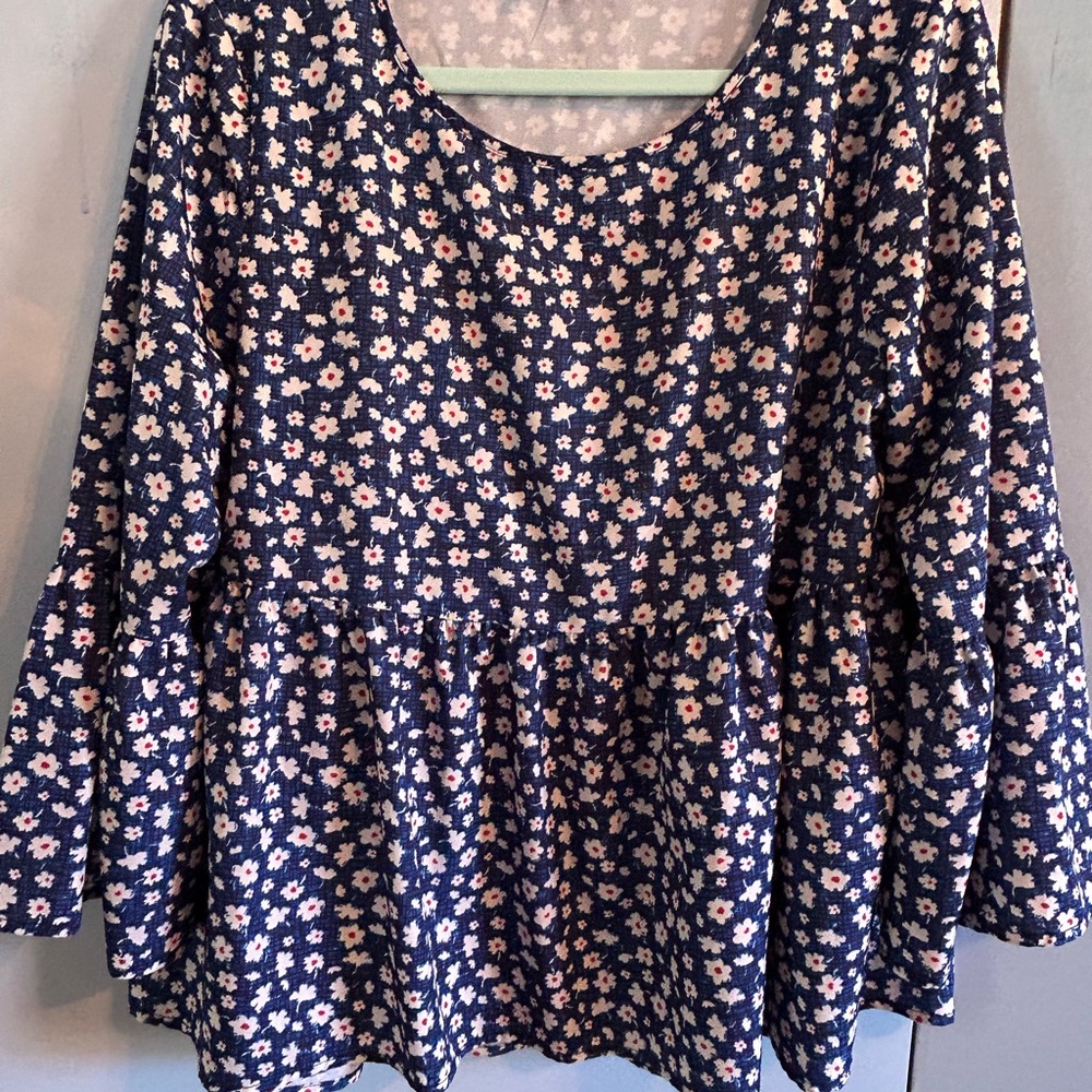 Elegant Blue and Purple Peplum Bell Sleeve Blouse